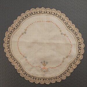 Vintage Embroidered Linen Crocheted-Edge Doily Boho Shabby Chic